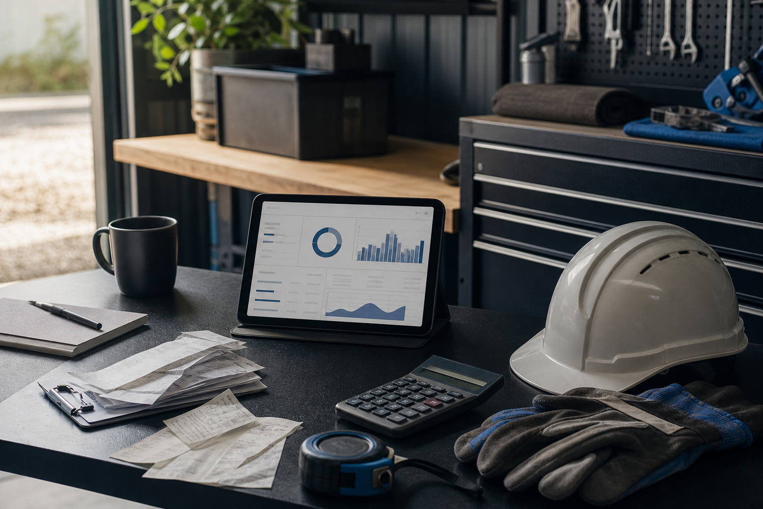 A financial dashboard, receipts and calculator arranged on a modern trade workshop desk
