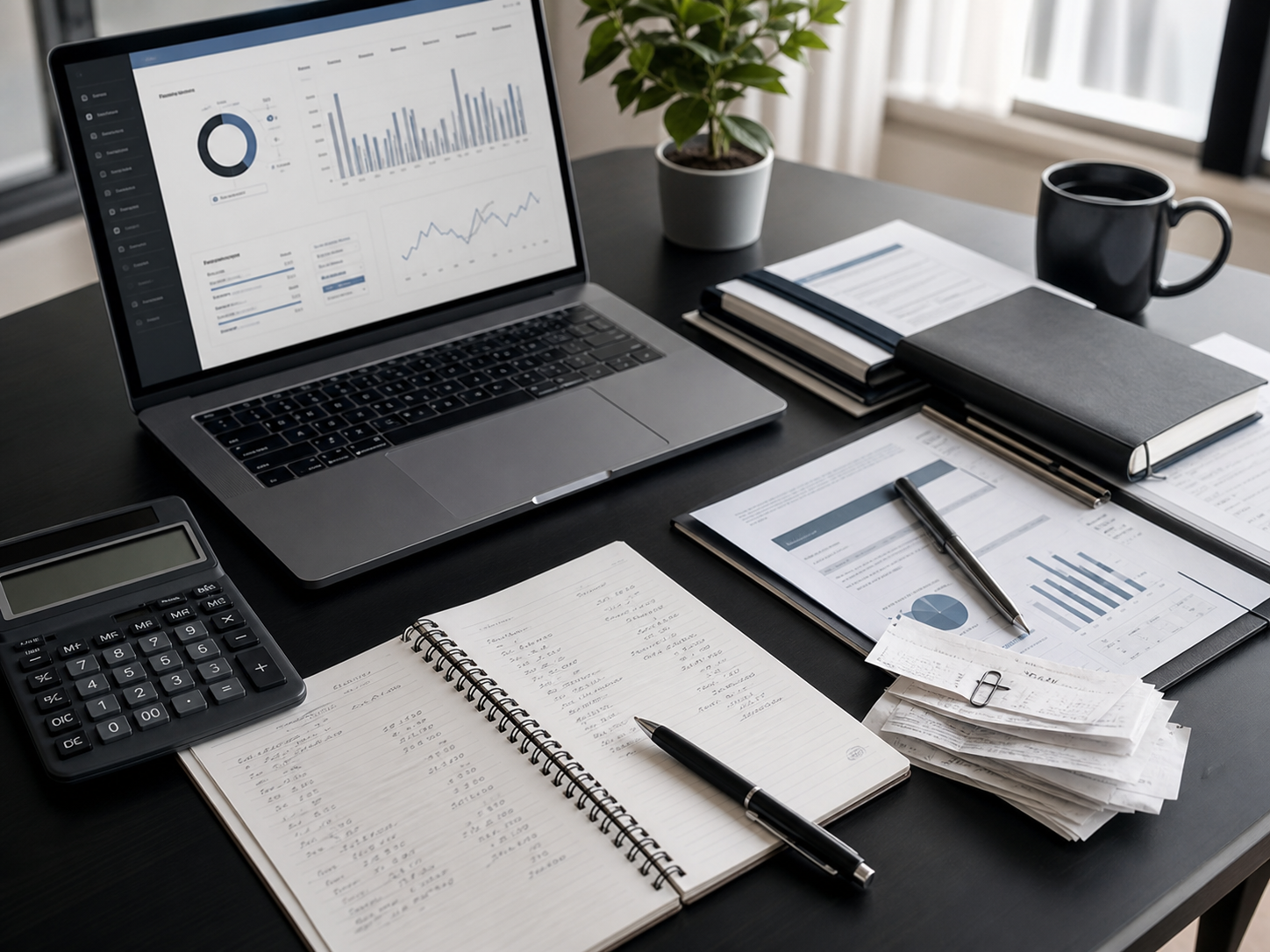 Bookkeeping desk with laptop, reports, calculator and receipts