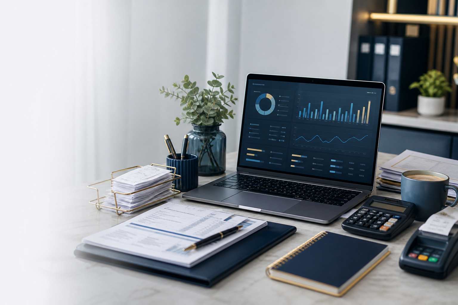 Bookkeeping desk with laptop dashboard, invoices, calculator and card reader