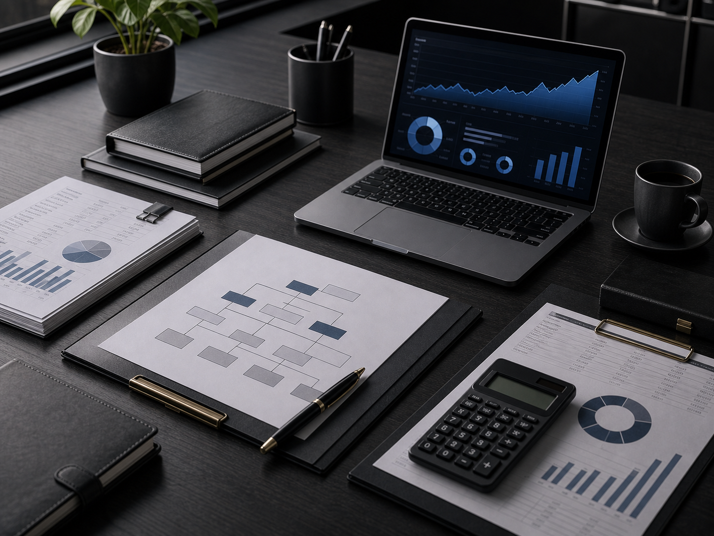 Business tax desk with company reports, laptop charts, calculator and tax documents
