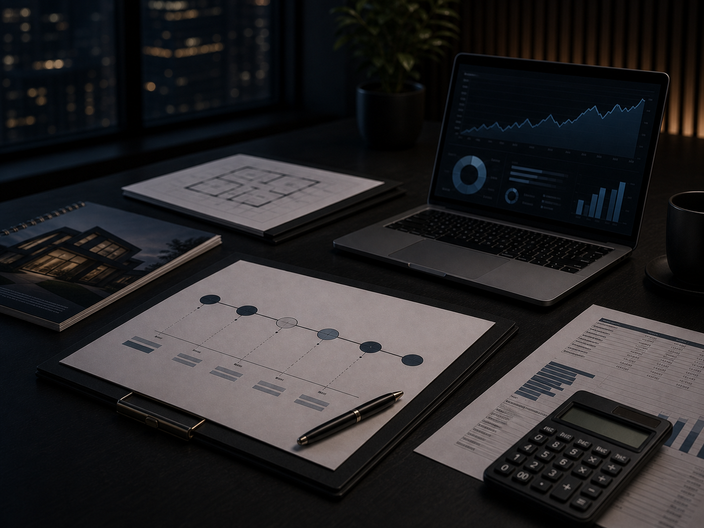 Investment property tax advisory desk with property timeline, depreciation documents, laptop dashboard and calculator